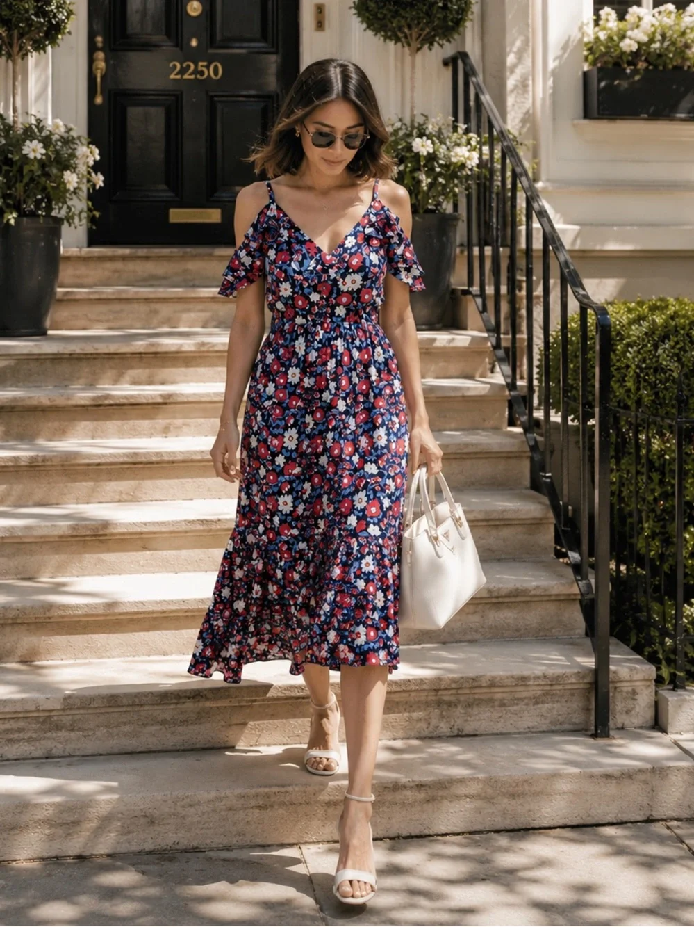 Kate Spade Navy Floral Cold Shoulder Ruffle Midi Dress - Sz 2